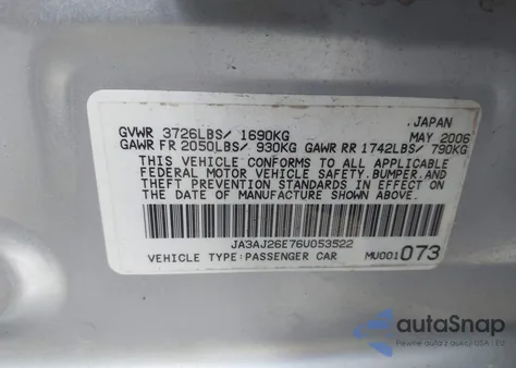 2006 Mitsubishi Lancer Es/Se z USA, uszkodzony, nr VIN JA3AJ26E76U053522